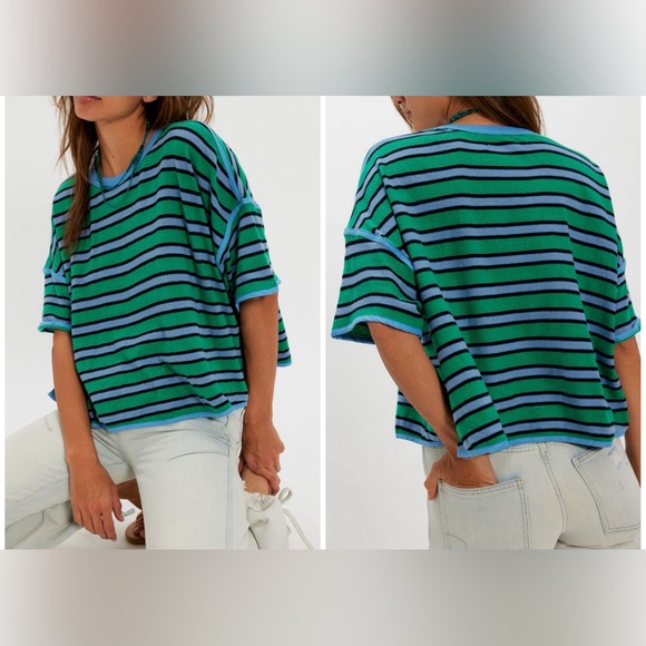 Free People Tops - NWOT Free People We The Free Clean Rugby Tee - clover combo green blue - Small